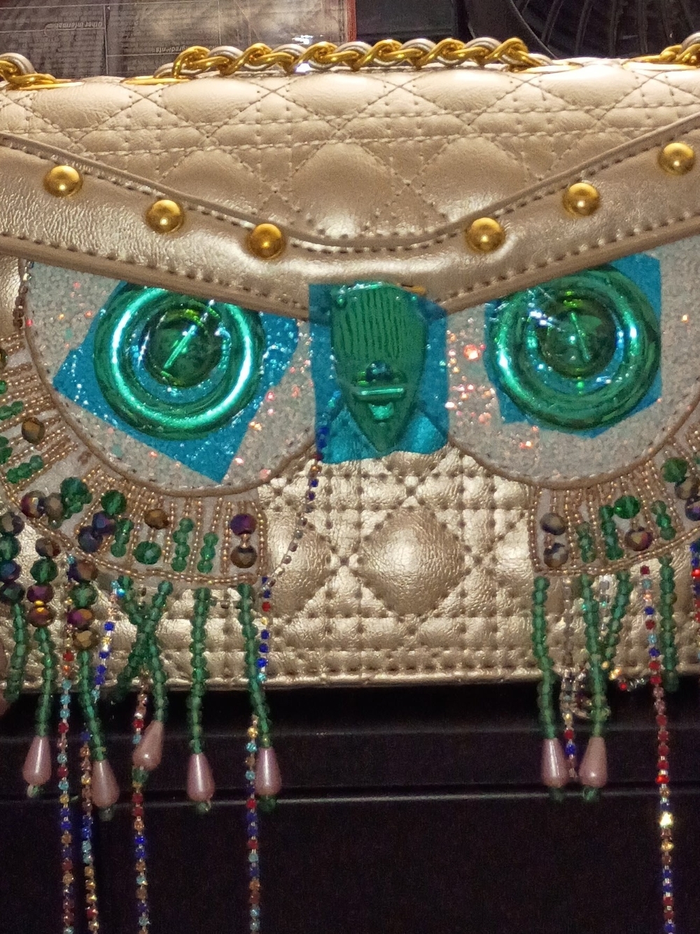 Gold Quilted Beaded Evening Clutch with Teal Accent
